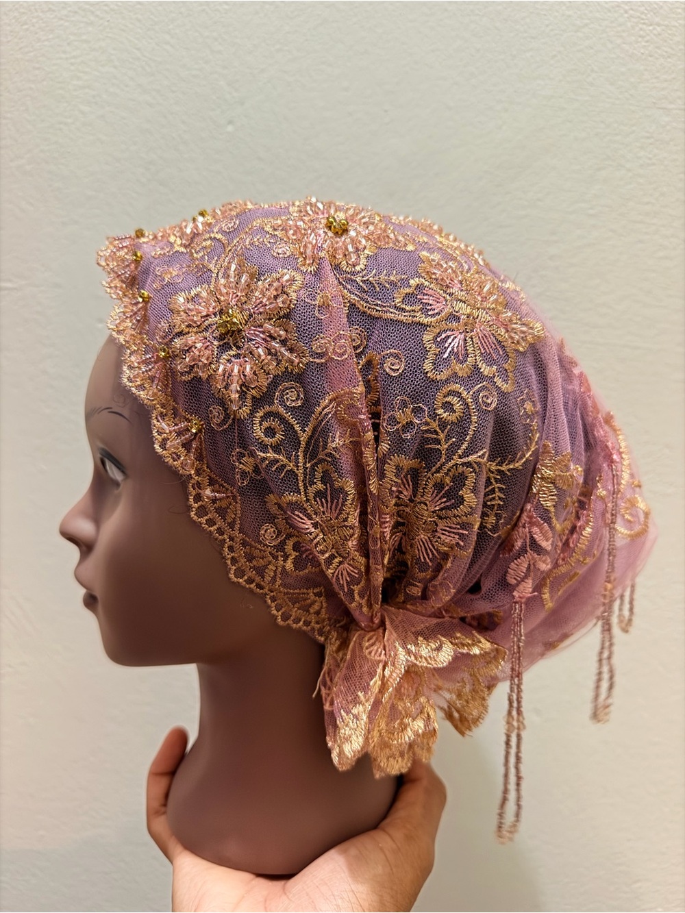 Embellished Lace Headscarf - Pink & Gold